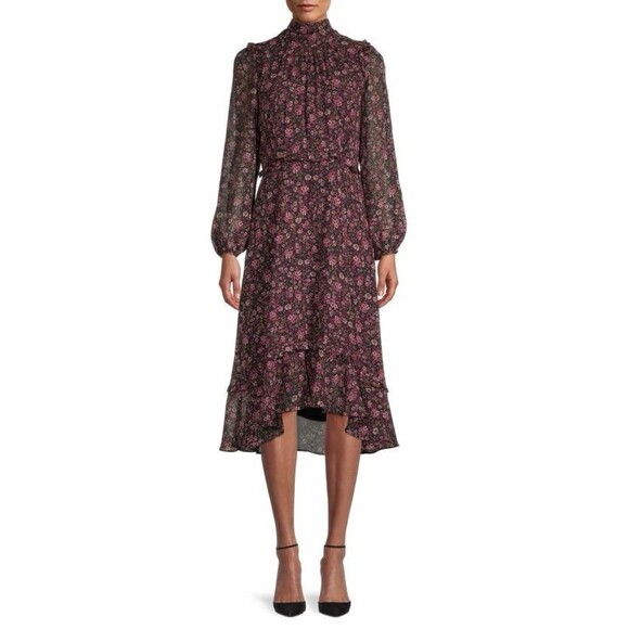 Julia Jordan Floral Chiffon Mockneck Tie-Back A Line High-Low Lined Midi Dress 4 - Picture 1 of 12
